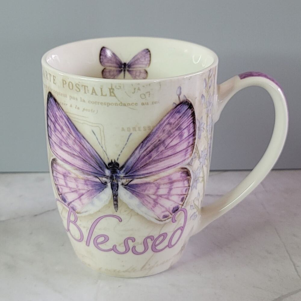 Christian Art Gifts Ceramic BLESSED Purple Butterfly Coffee Mug 12oz Jane Shasky